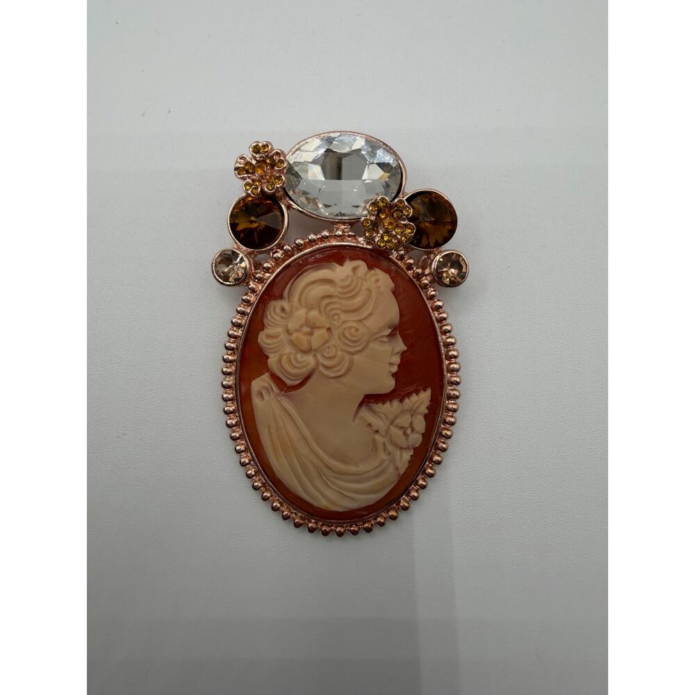 Amedeo Signed Cameo Brooch Pin Rose Gold Tone Crystal Accents Large Lady Profile